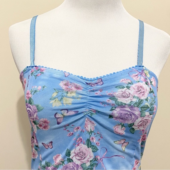 Dolls Kill Sugar Thrillz Finding Eden Rose & Butterfly Print Ruched Mesh Dress - Picture 3 of 5